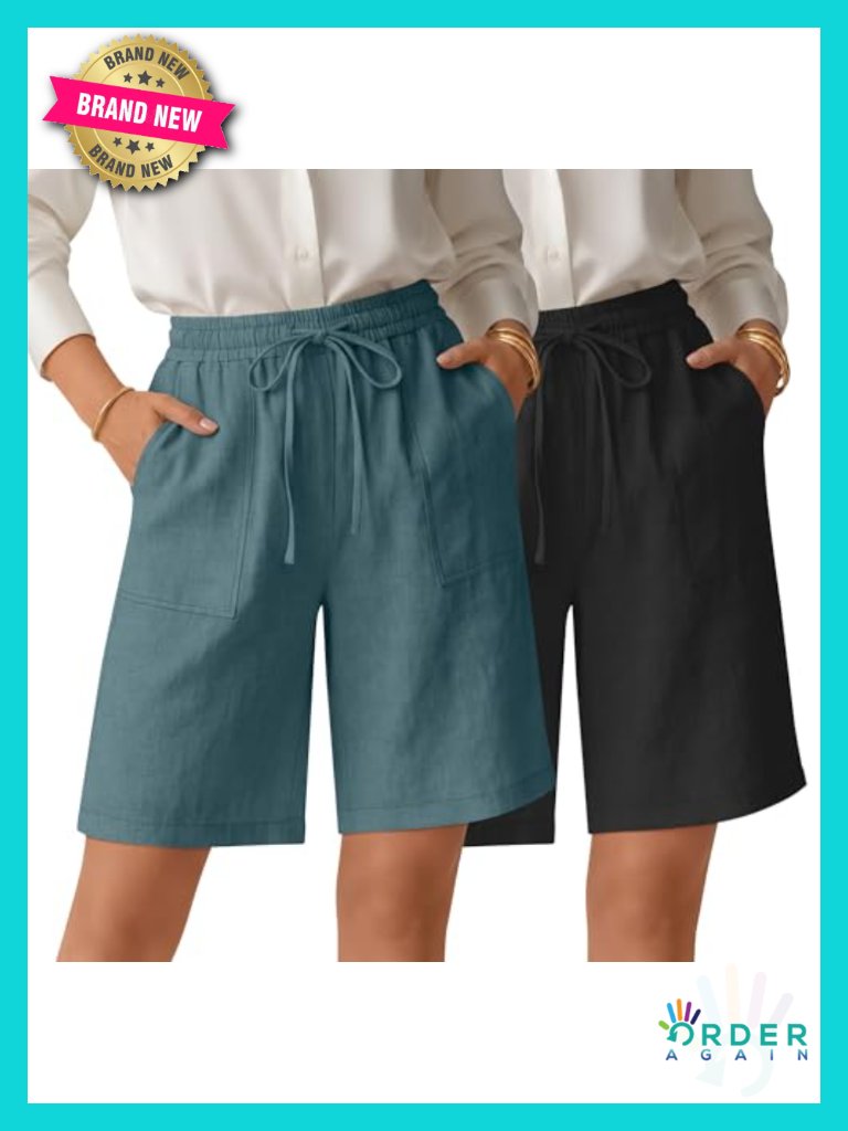 2 Pack Linen Bermuda Shorts High Waisted Drawstring Wide Leg Knee Length With